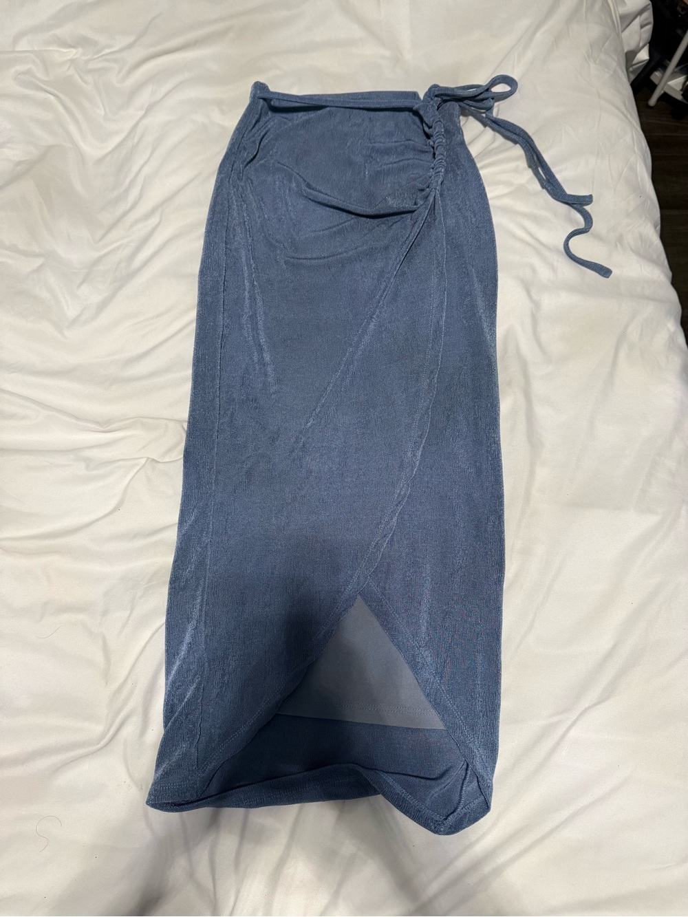Blue Wrap Midi Skirt with Side Tie